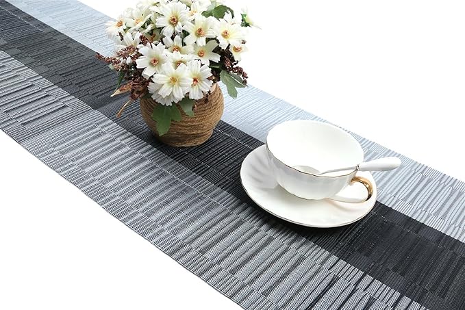 SHACOS Table Runners Woven Vinyl PVC Table Runners 12 x 90 inch Wipeable Heat Resistant Runner for Tables Countertop Indoor Outdoor, Bamboo Ombre Black and Gray