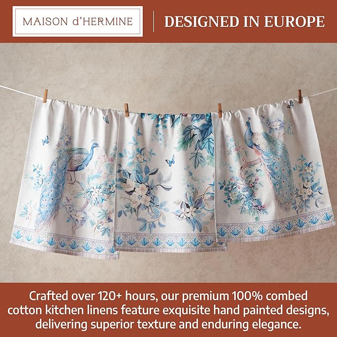 Maison d' Hermine Kitchen Towel 100% Combed Cotton Premium Set of 3 Kitchentowels Easter Tea Towels (20"x27.50") for Table Cleaning, Dining, Buffet Parties & Wedding Use - Peacock Utopia