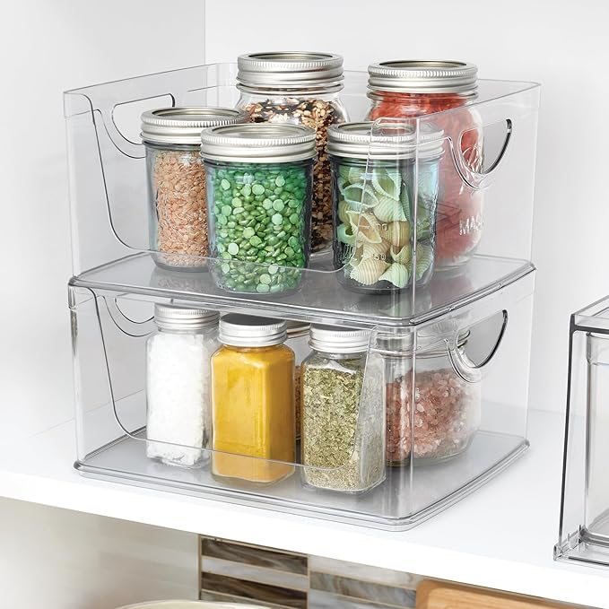 iDesign Stackable Open-Front Storage Bin with Handles for Kitchen, Set of 2, Clear, Made in USA