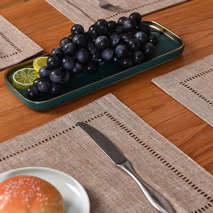 Tosewever Set of 4 Decorative Linen Placemats 12 x 18 Inches, Farmhouse Style Table Mats for Everyday Dining Wedding Party Holiday Home Decor (4 Pieces 12 x 18”, Light Coffee/Straight)