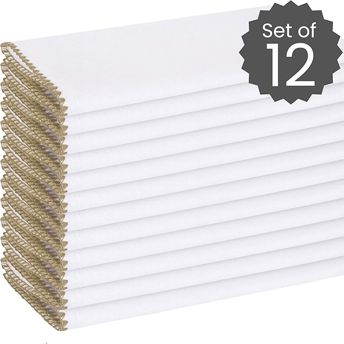 Cotton Clinic Cloth Napkins with Trim - Everyday Use Table Dinner Napkins - Soft Durable Washable - Ideal for Dinner Party Wedding Christmas Easter - Set of 12-20x20 inches Beige White Napkins