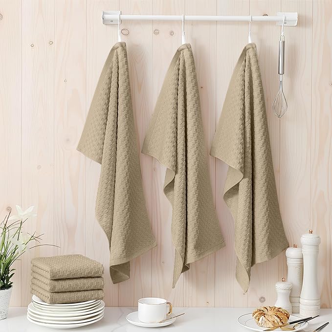 Homaxy 100% Cotton Terry Kitchen Towels(15" x 25", 8 Pack), Soft and Super Absorbent Dish Towels, 380 GSM Reusable Tea Towel with Hanging Loop, Pineapple Grid Designed, Tan