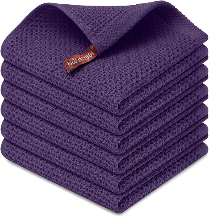 Kitinjoy 100% Cotton Kitchen Dish Cloths (12 X 12 Inches, Eggplant), 6 Pack Waffle Weave Ultra Soft Absorbent Dish Towels for Drying Dishes Quick Drying Kitchen Towels Dish Rags
