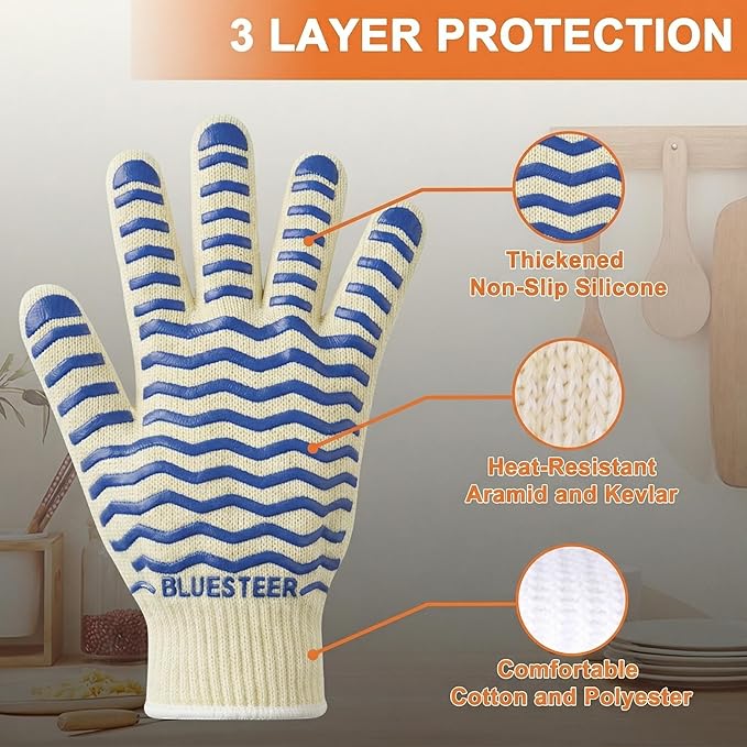Oven Gloves 932°F Heat Resistant Oven Mitts with Fingers, Heat Proof BBQ Grill Gloves Silicone Grip Fireproof Gloves for Kitchen Cooking Grilling Baking