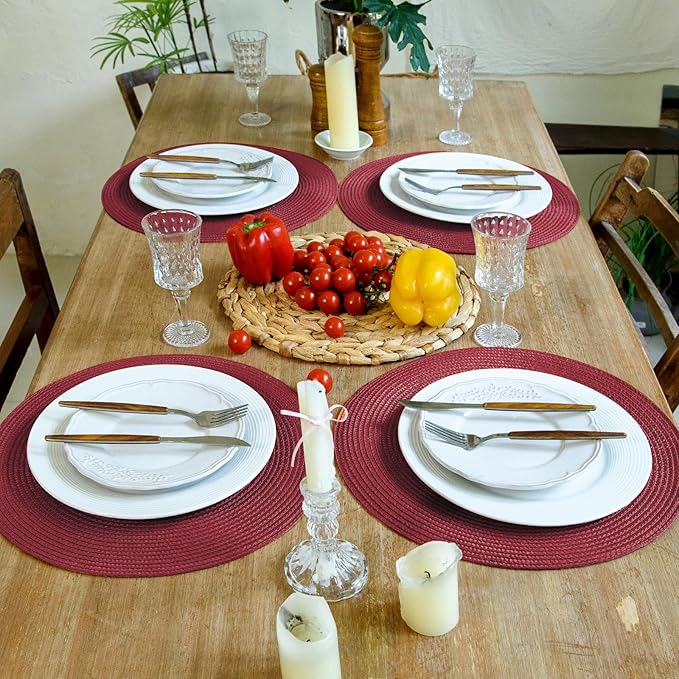 FunWheat Round Braided Placemats Set of 8 Table Mats for Dining Tables Woven Washable Non-Slip Place mats 15 inch(Wine,8pcs)