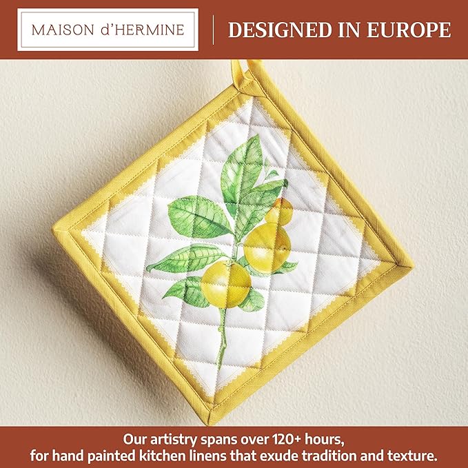 Maison d' Hermine Pot Holders 100% Cotton Heat Resistant Potholders 8" x 8" Hot Pads with Loop BBQ Cooking Baking Gifts for Mothers Day Handling Hot Pans Spring/Summer (Pack of 1, Limoncello)