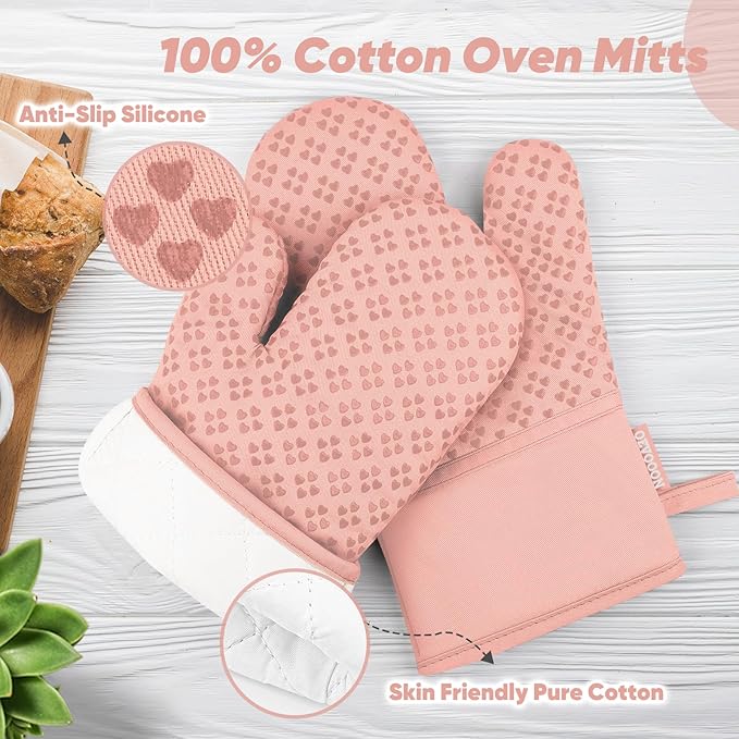 Oven Mitts and Pot Holders 4 Sets, Heat Resistant 500 ℉ Oven Mitt and Pot Holder,Oven Glove&Potholders with Non-Slip Silicone Surface,Kitchen Essentials for Cooking/Baking/BBQ-Pink