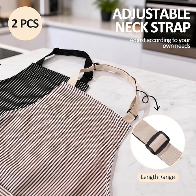 2 Pack Kitchen Aprons, Apron for Cooking with 2 Pockets, Unisex Adjustable Neck Strap Chef Aprons for Men Women Durable Striped Apron Set for Kitchen, Baking, Grilling and Daily Use