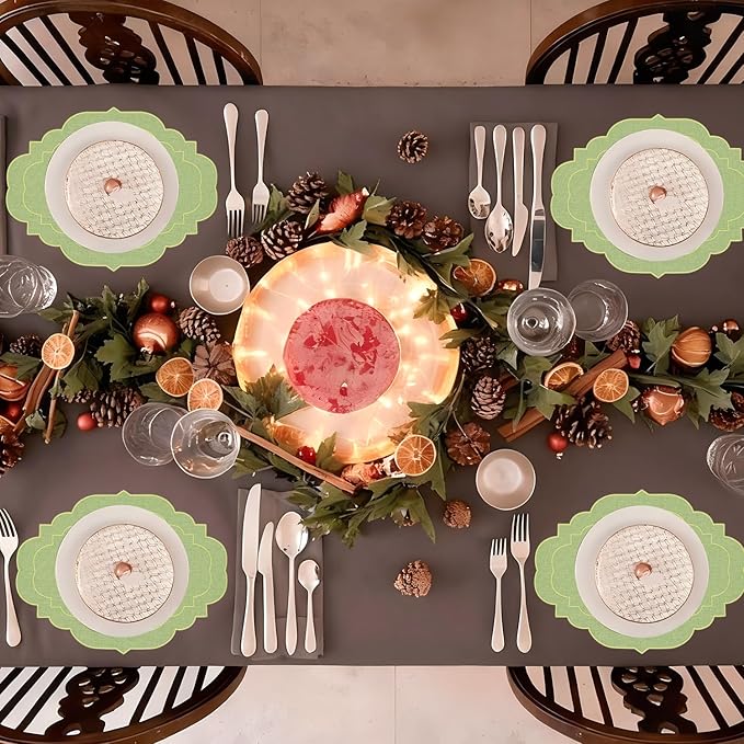 Cotton Linen Oval Placemats Set of 4, HADEEONG Table Mats Cloth Placemats, Washable Wrinkle Resistance, Scalloped & Embroidered Fabric Placemats, 17.71 x 13.77inch (Green, 4)