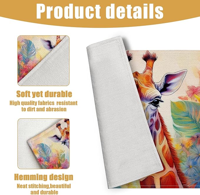 Watercolor Giraffe Placemats Set of 6, Flower Floral Linen Place Mat Washable Stain Resistant Table Mats for Farmhouse Kitchen Party Wedding Decor 12x18 Inch