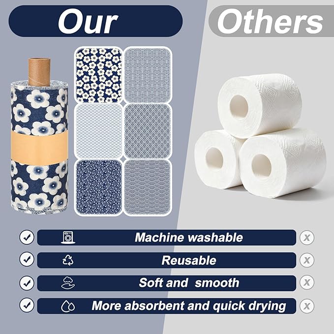 Redbaker 6 Pcs Reusable Paper Towels Rolls Towels Bulk Kitchen Washable Paperless Cloth Cotton Hand Napkins with Cardboard Reusable Napkins for Kitchen Bathroom (Geometric Theme)