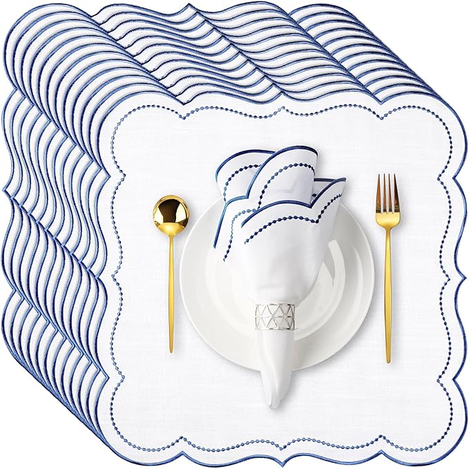 Hahafelt Cloth Napkins 18x18inches Scalloped Embroidery Cloth Napkins Washable Polyester Table Dinner for Hotel Restaurant Weddings Events Parties(Navy Blue,12 Set)