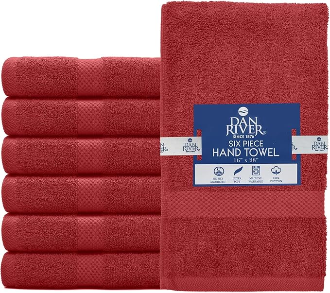 DAN RIVER 6-Pack Premium Hand Towels (16x28 Inches) - 100% Cotton, Ultra Soft, Lightweight, Highly Absorbent Towels for Bathroom, Spa, Gym, Salon, Hotel, and Travel - Red