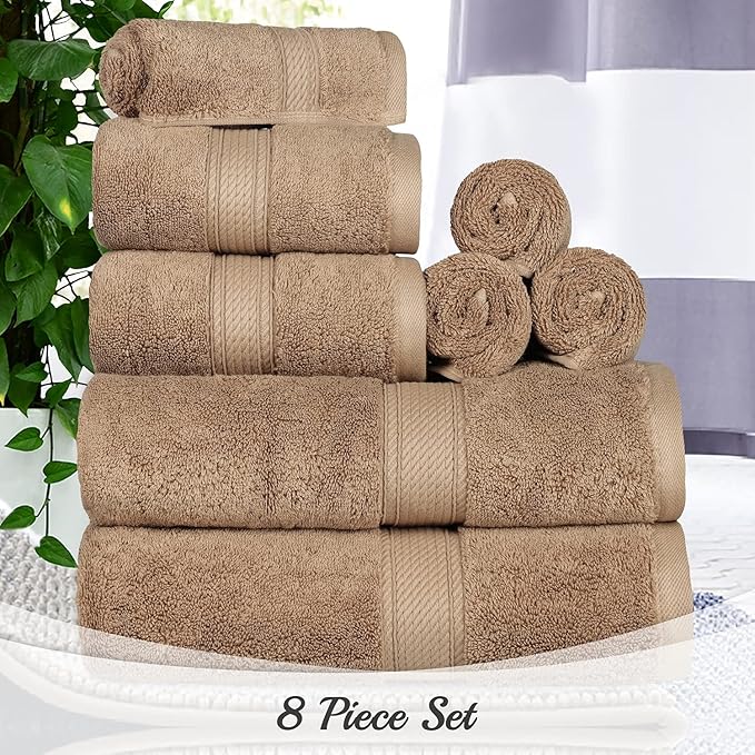 Superior Egyptian Cotton Pile 8 Piece Towel Set, Includes 2 Bath, 2 Hand, 4 Face Towels/ Washcloths, Ultra Soft Luxury Towels, Thick Plush Essentials, Guest Bath, Spa, Hotel Bathroom, Latte