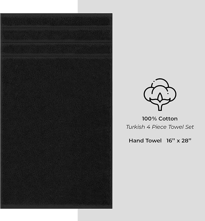 American Soft Linen Luxury Hand Towels for Bathroom, 600 GSM Heawy Weight 16x28 Size 100% Cotton Turkish 4 Piece Hand Face Towel Set, Black Hand Towels