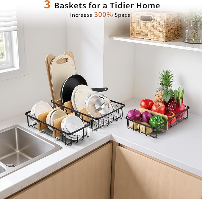 3-Pack Adjustable Lid Organizers - Large Kitchen Cabinet Organizer for Food Storage Container and Tumbler Cup Lids with 9 Bamboo Dividers - Organizers in Cabinet Kitchen/Pantry/Laundry Room