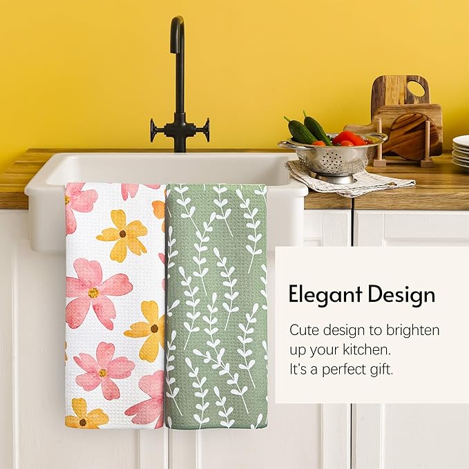Eulnars Kitchen Towels, 18" x 30" Tea Towels for Kitchen, Premium Microfiber Dish Towels for Kitchen Drying, Blush Garden Series, 2-Pack