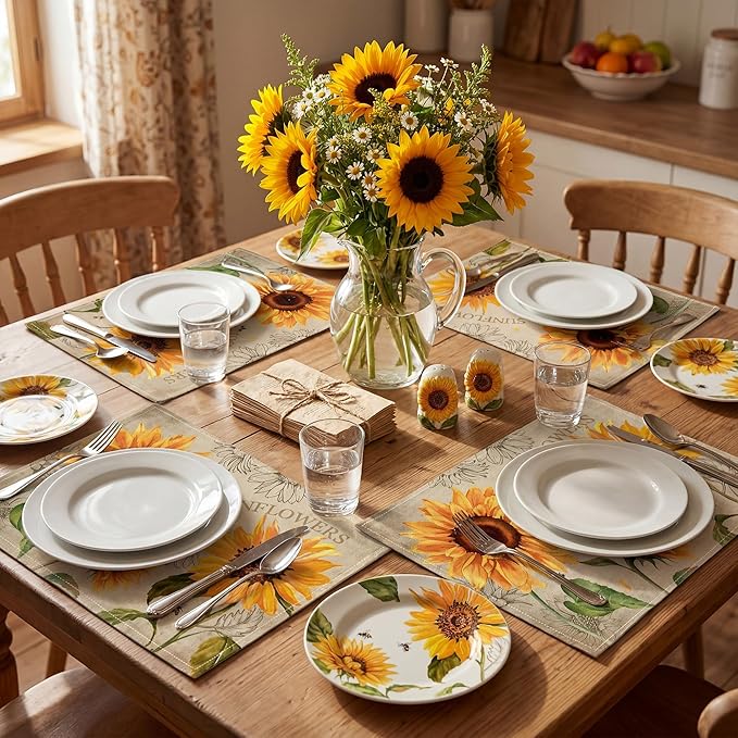 Sunflower Linen Placemats Set of 4, 12x18 Inch Farmhouse Spring Summer Sunshine Table Mats, Washable Table Decor for Kitchen Dining Indoor Outdoor Party Holiday