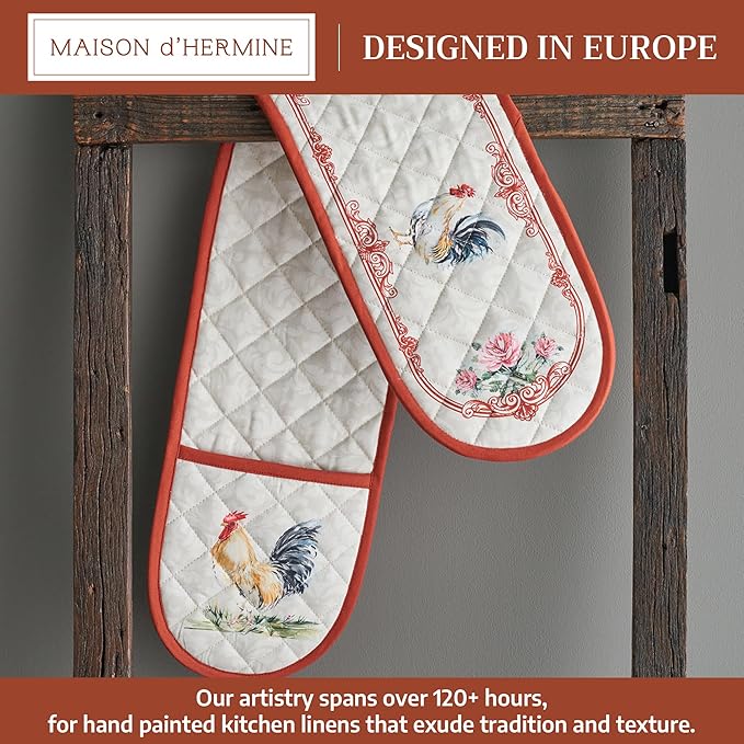 Maison d' Hermine Double Oven Mitts 100% Cotton 7"x35" Double Oven Mitt Heat Resistant BBQ Cooking Gloves with Loop Baking Grilling Gifts for Mothers Day Spring Summer (Campagne)