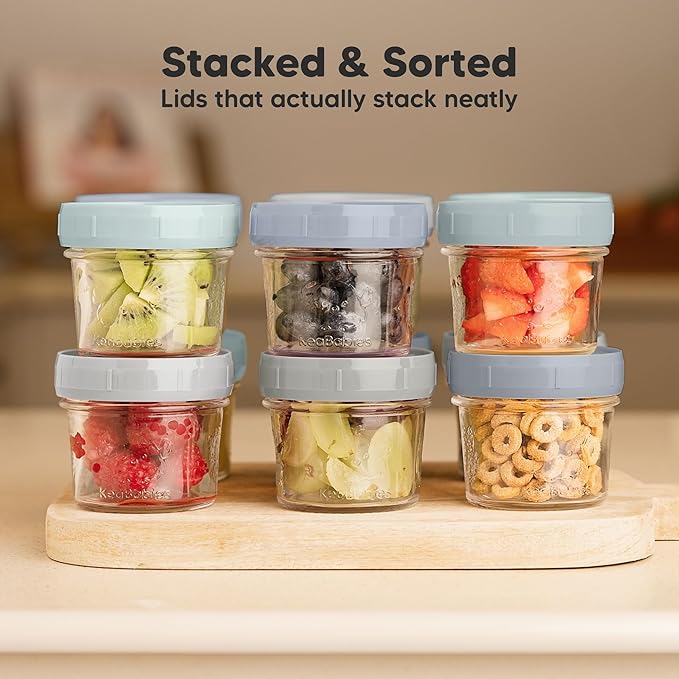 KeaBabies 12pk 4oz Glass Baby Food Containers with Lids - Leak-Proof, Microwavable Small Glass Jars, Baby Purees & Toddler Snack Storage Containers, BPA-Free, Dishwasher & Freezer Safe (Slate)