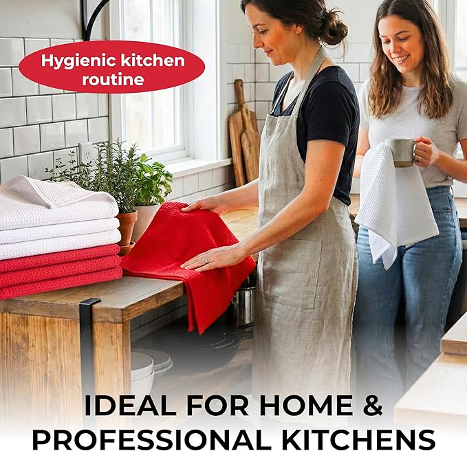 Highly Absorbent Cotton Dish Towels for Drying - Set of 3+3 - Red + White Kitchen Towels - 18"X28" Lint Free Waffle Weave Cloth Linen Hand Bathroom Bulk Dishtowels