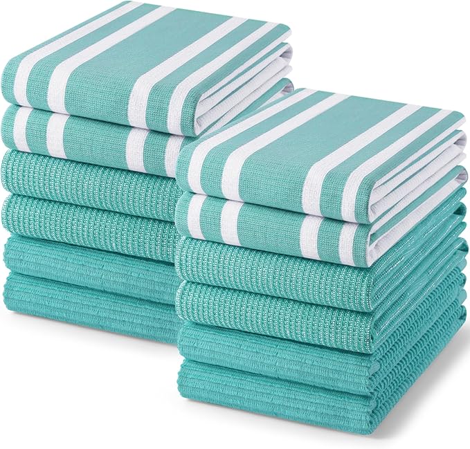 Homaxy Premium Kitchen Towels(18”x 28”, 12 Pack), Large Cotton 380 GSM Kitchen Hand Towels, Soft and Absorbent Terry Dish Towels, Multipurpose Tea Towel Set with Hanging Loop, Teal