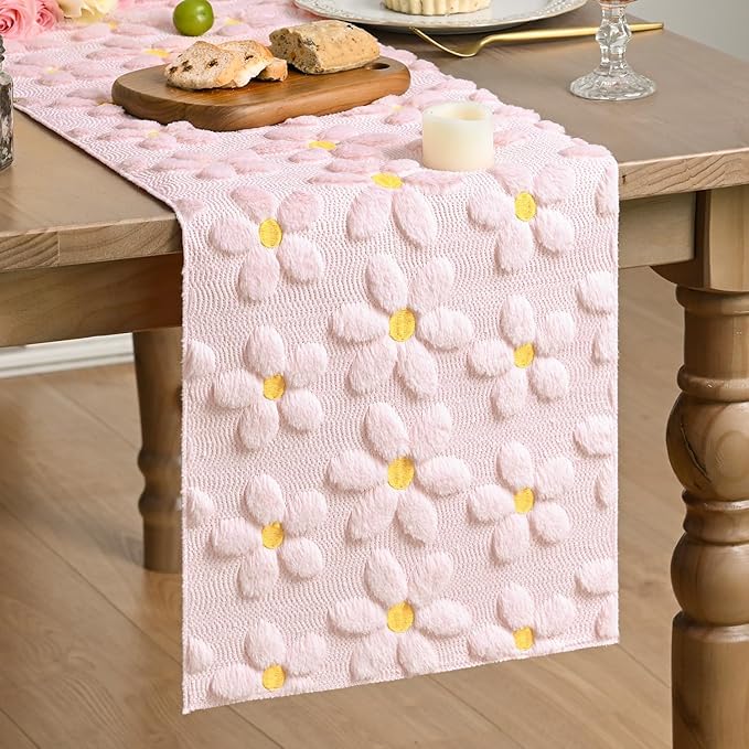Artoid Mode Pink Soft Plush Faux Fur Jacquard Embroidery Daisy Spring Table Runner, Kitchen Dining Table Decoration for Home Party Decor 13x60 Inch
