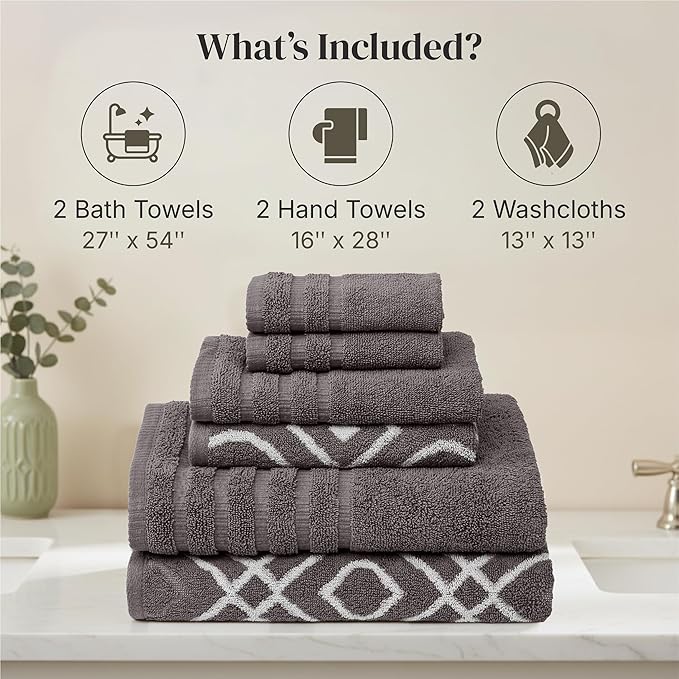 Modern Threads Classic Diamond 6-Piece 100% Cotton Towel Set – Yarn Dyed Jacquard – Includes 2 Bath Towels, 2 Hand Towels, 2 Washcloths – Absorbent, Quick Dry, Soft & Durable – Gray