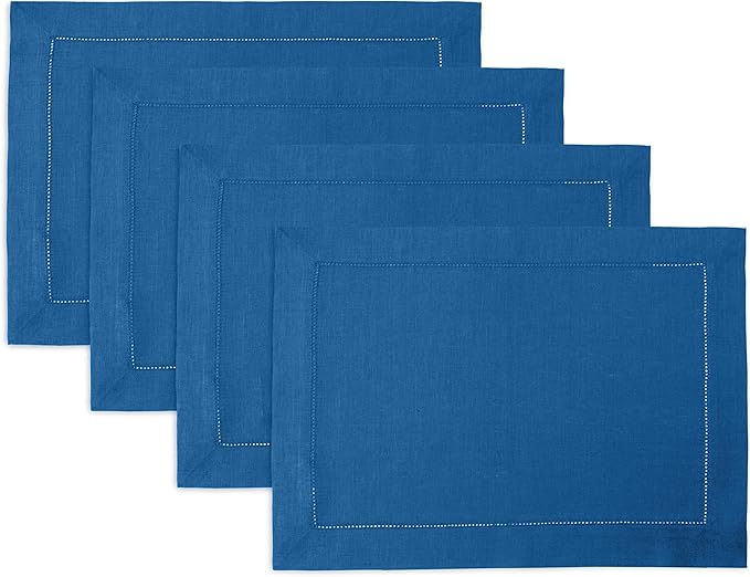 Solino Home Linen Placemats Set of 4 - Classic Hemstitch Indigo Blue Placemats 14 x 19 Inch - 100% Pure Linen Table Mats for Spring, Summer, Mothers Day