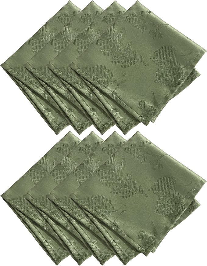 Elrene Home Fashions Elegant Woven Leaves Jacquard Damask Cloth Napkin Set for Fall/Harvest/Thanksgiving, 17" x 17", Pack of 8, Olive