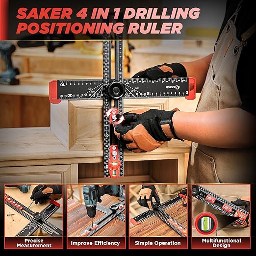 Saker 4-in-1 Drilling Positioning Ruler, Adjustable 13.78in Multifunctional T Square Ruler, Cabinet Hardware Jig, Marking Gauge Tools for Woodworking, Cabinet Drawer Door Hole Drilling Template
