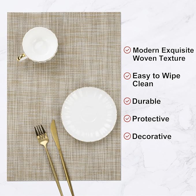 SHACOS Placemats Set of 4 Woven Vinyl Reversible Plastic Durable Place Mats Wipeable Stain Resistant Kitchen Dining Table Mats Indoor Outdoor Table Placemat, Beige