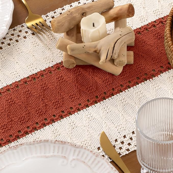 DeZerlor Boho Macrame Table Runner Terracotta Farmhouse Woven Small Table Runner with Tassels 36 Inches Ivory& Rust Cotton Linen Kitchen Table Decor for Dining Dresser Home Tea Table Decor