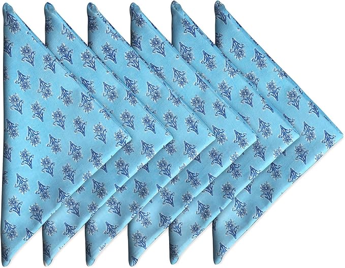 Soft Cotton Napkins 18x18 inches - Washable Thin Cloth Dinner Set of 6 Everyday Use or Party and Events Blue Floral Lightweight Indian Block Print Fabric by Craftbot Turquoise