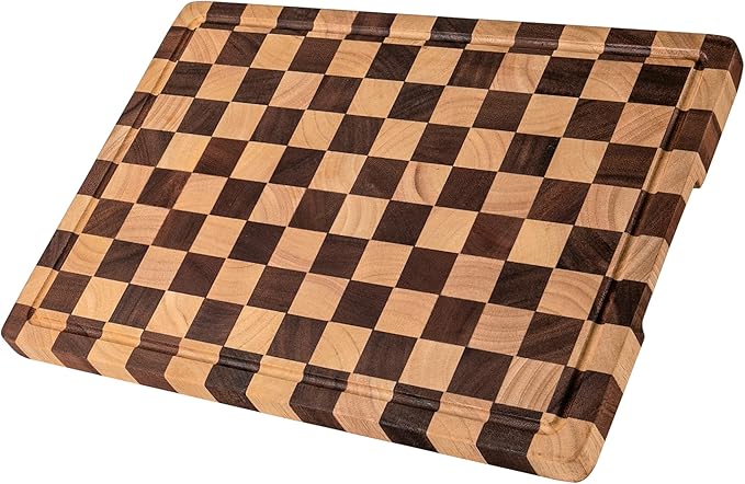 Checkered Cutting Boards for Kitchen, Wooden Chopping Board with Juice Grooves & Handles, Acacia Decorative Cutting Board Butcher Block Serving Tray with Gift Box, 16.5" x 11.6" x 0.8"