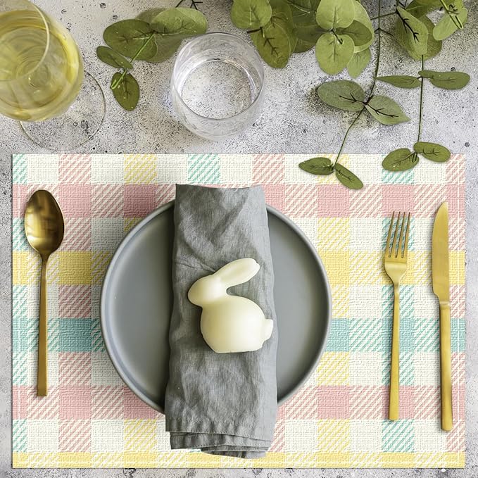 Niviy Buffalo Plaid Blue Pink Yellow Spring Easter Placemats Set of 6, 12x18 Inch Table Mats Easter Decor for Holiday Party Kitchen Dining Room Decoration