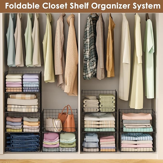 Yociyoga 3-Tier Stackable Closet Organizers and Storage Shelves, Foldable Closet Shelf Organizer, Stackable Storage Bins Drawers for Closet Organizer System, Black(Patent Pending)