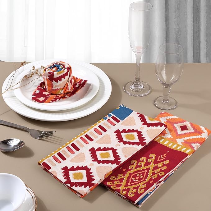 FINGERCRAFT Cloth Napkins, Set of 12 Cotton Linen Blend Printed Dinner Napkins Cloth Mitered Corner Perfect for Parties Dinners Weddings Cocktail Christmas Easter 20x20 Rust Boho
