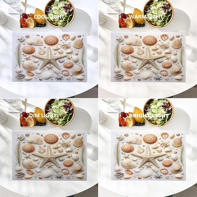 Batmerry Seashells Starfish Placemats, Beach Themed Arrangement Washable Linen Table Mats for Kitchen Table Double Insulation Decor Dining Set Indoor Outdoor 12X18 in Set of 4
