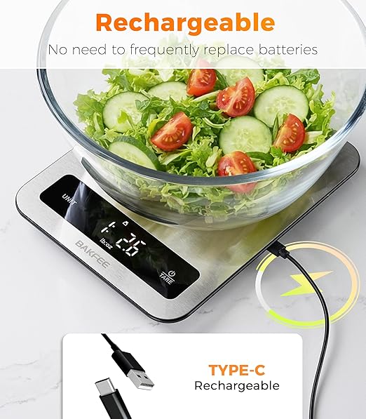 100% Waterproof Food Scale, IP67 Digital Kitchen Scale, Rechargeable (USB-C), 0.1oz/1g Precision, 22lb Capacity, Stainless Steel & Tempered Glass, Large Wide-View Display, Tare, 6 Units, Black
