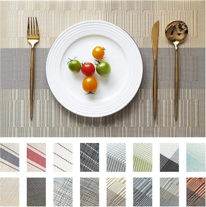 Placemats Set of 8 Vinyl/Plastic Woven Place Mats for Kitchen Table Indoor/Outdoor Washable Placemat Wipeable Dining Table Mats (Ombre Glod,8)