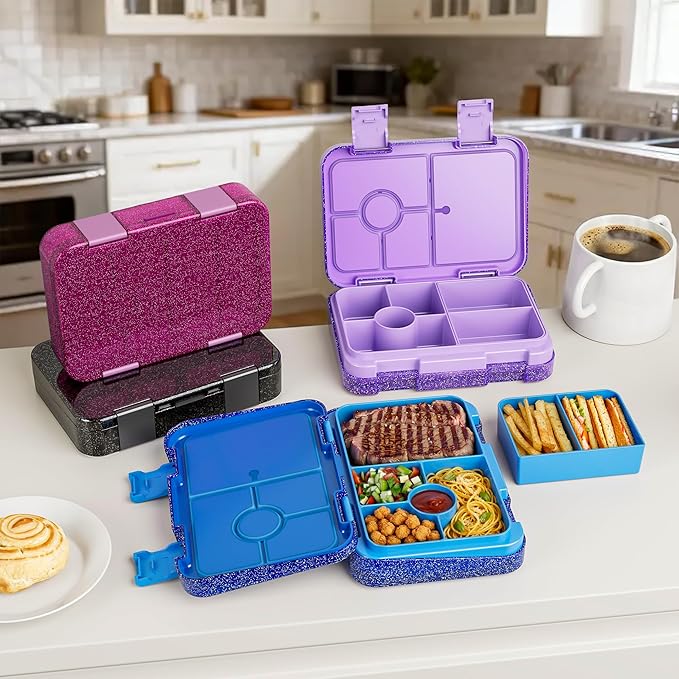 Bento Lunch Box for Kids, 6 Compartments BPA Free, Dishwasher Safe Back to School Snack Bento Lunch Containers Boxes, Ideal Portion Sizes for On-the-Go Meal, Shiny Rose