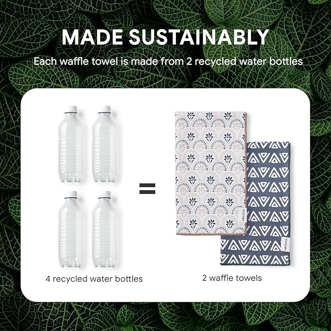 RECYCO Waffle Kitchen Towel Set of 2 - Quick Dry Microfiber Sustainable Dish Towels - Ultra Absorbent Reusable Cleaning Tea Towels - Lightweight Hand Towels,16”x 28”, Neutral Boho