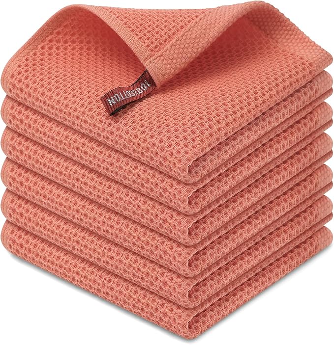 Kitinjoy 100% Cotton Kitchen Dish Cloths (12 X 12 Inches, Coral), 6 Pack Waffle Weave Ultra Soft Absorbent Dish Towels for Drying Dishes Quick Drying Kitchen Towels Dish Rags