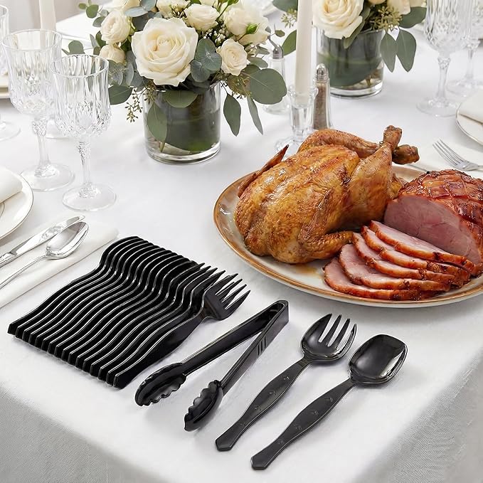 36 Pcs Disposable Serving Utensils Set - 9 Inch Black Tongs, Forks, Spoons for Restaurants, Catering, Party Supplies, Buffet, Wedding, Picnic