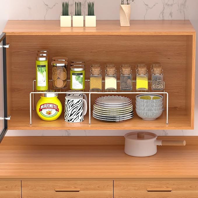 Kitchen Cabinet Expandable Shelf Organizers Set of 2, Adjustable Metal Wire Pantry Storage Shelves, Plate Dish Organizer Rack for Cabinets, Cupboard, Counter, Freezer, Countertop, Chrome