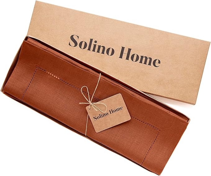 Solino Home Linen Placemats Set of 4 - Classic Hemstitch Cinnamon Placemats 14 x 19 Inch - 100% Pure Linen Table Mats for Mothers Day