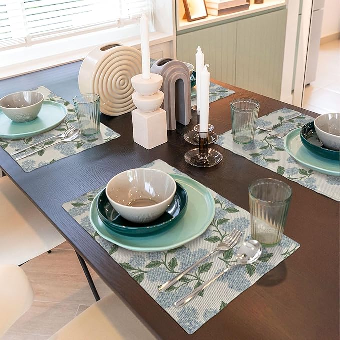 Blue Green Spring Placemats Set of 6 Hydrangea Flower Decor Place Mats 12x18 Inch Vintage Floral Summer Seasonal Decorative Linen Table Mats for Home Kitchen Dining Party Table Decoration