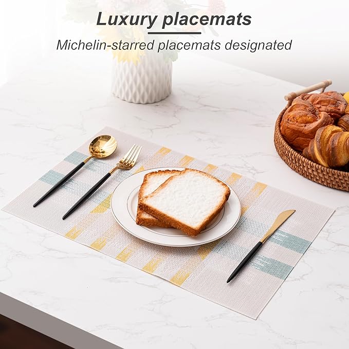 CADONO Placemats Set of 6 Washable Indoor/Outdoor Vinyl Place Mats for Dining Table Durable Non-Slip Heat Resistant PVC Weave Table Mats（Beige Green Cross）