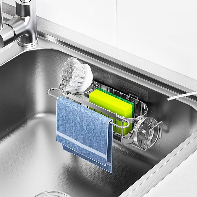 Cisily Silver Kitchen Sink Caddy Sponge Holder in The Sink, Stainless Steel Kitchen Organizer, Brush Holder, Dish Cloth Hanger 2 Installation Ways (Hanging& Adhesives
